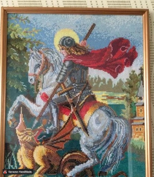 Икона Георгий Победоносец ручная вышивка размер 42/53